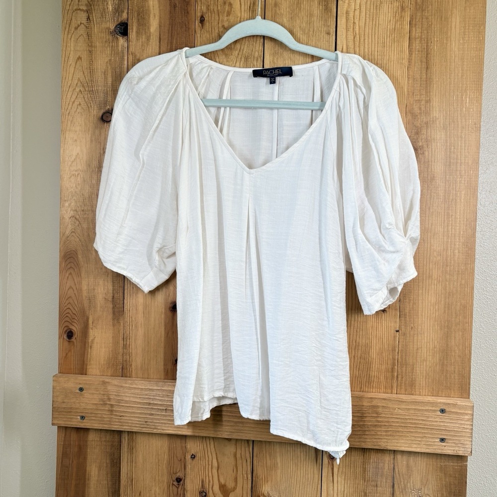Rachel Roy L Women's Cream rayon blend Short Sleeve Pleats V Neck Blouse / Top